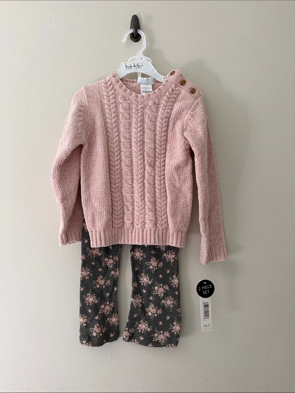 Cozy Pink Cable-Knit Sweater Set with Floral Pants